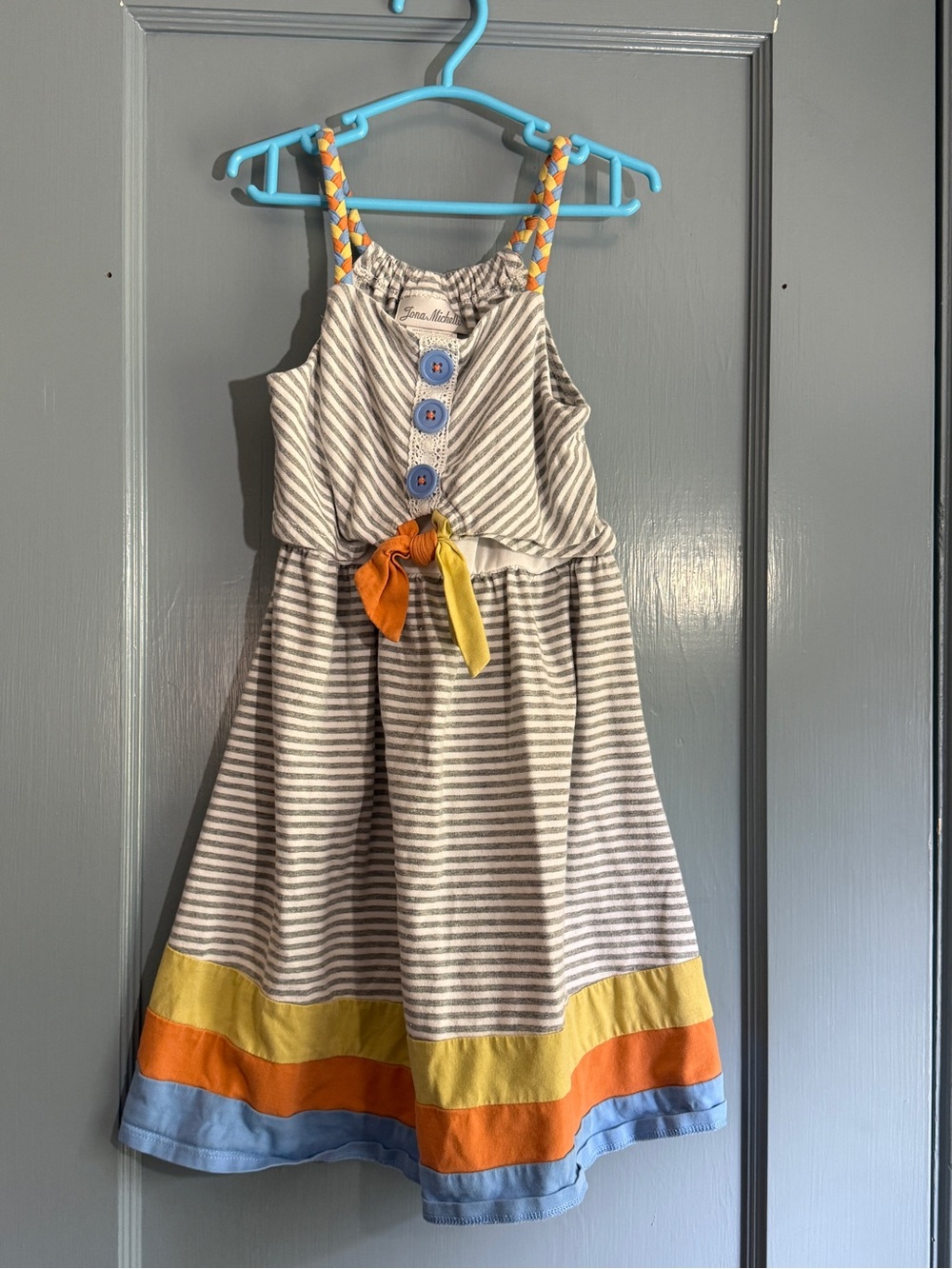 Jona Michelle Gray & White Striped Sundress with Yellow, Orange & Blue Trim